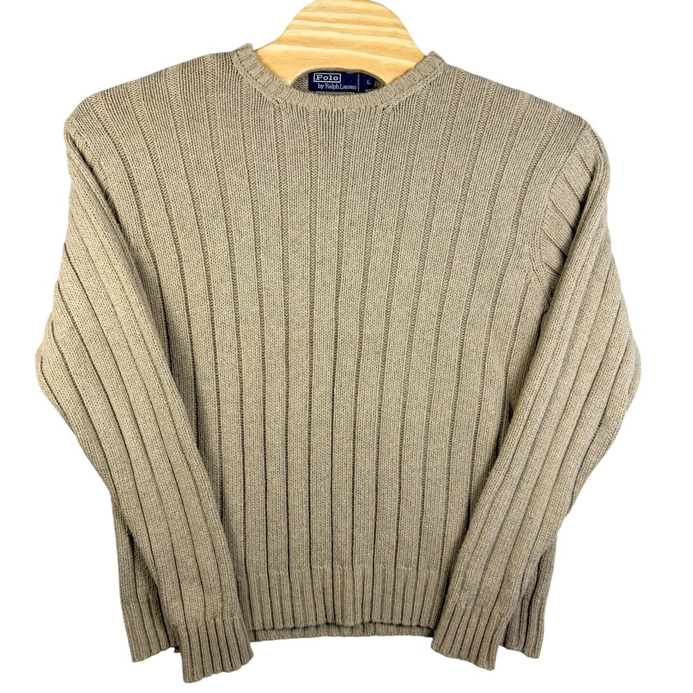 VINTAGE 90s Polo Ralph‎ Lauren Sweater Mens L Tan Ribbed Knit Preppy Ivy Grandpa